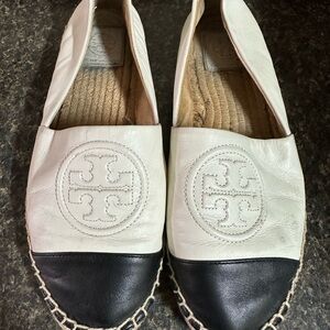 Tory Burch White Leather Espadrilles with Black Toe